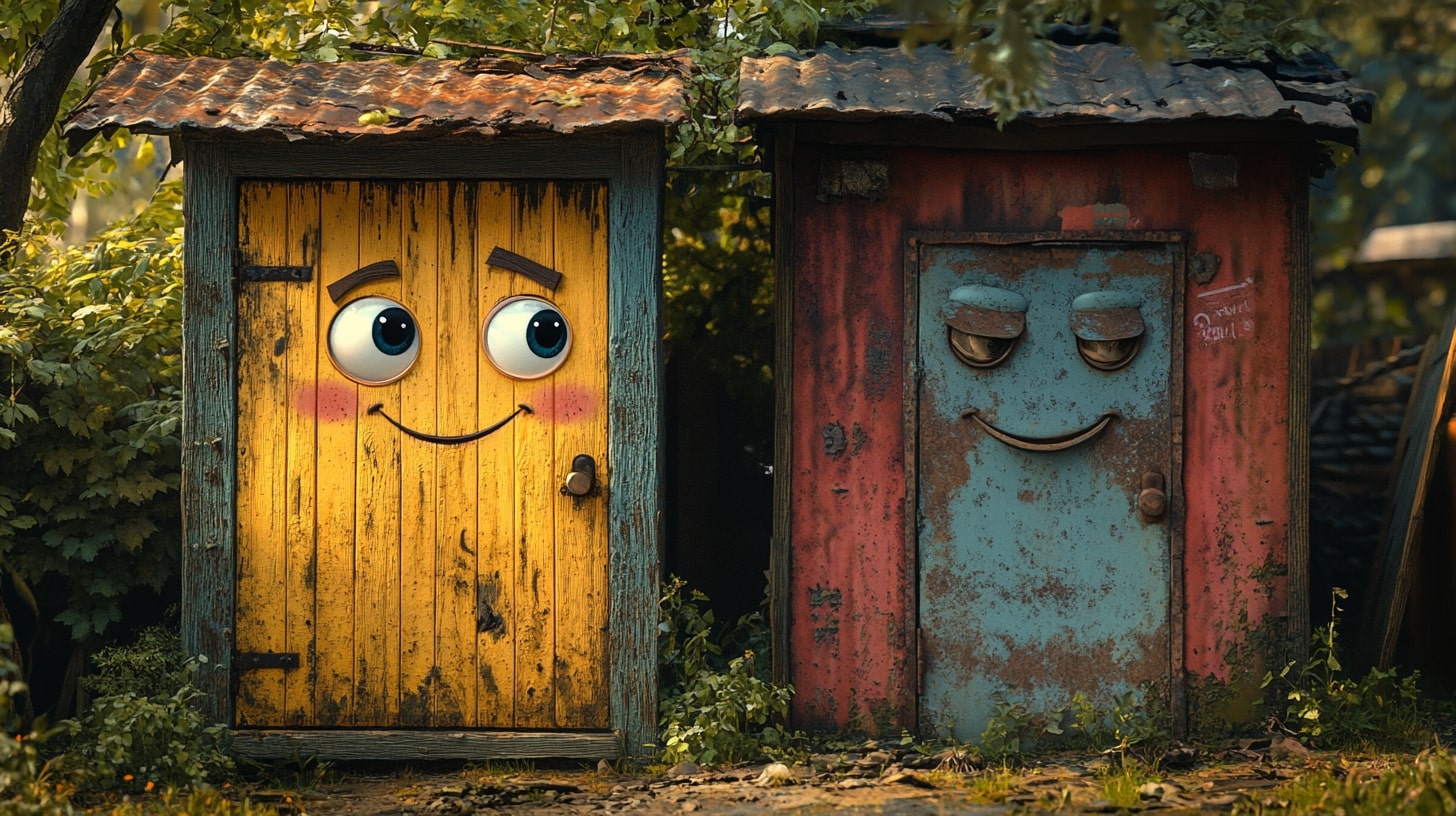 Image humoristique de deux cabanons avec des gros yeux et heureux