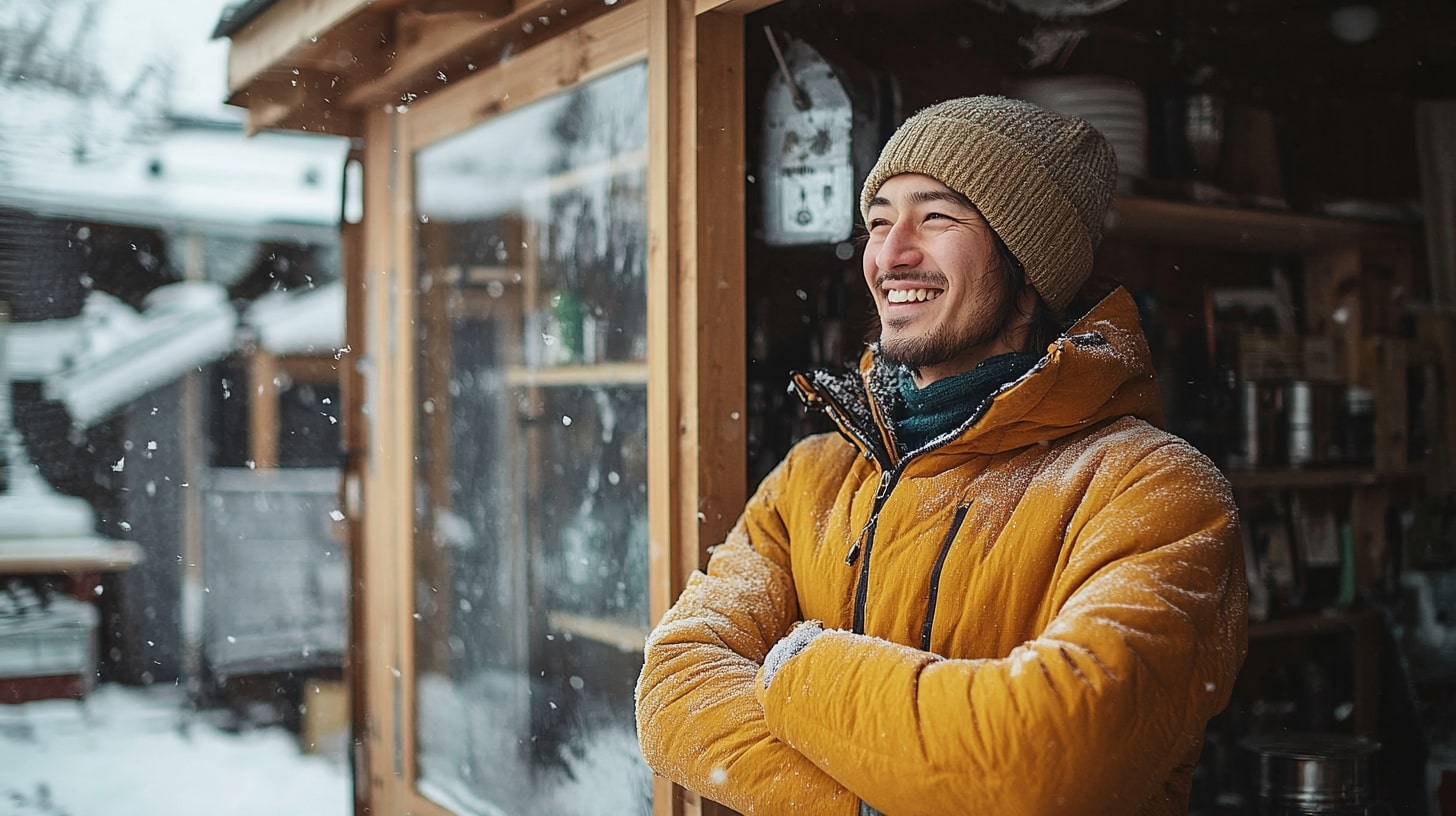 Un homme souriant avec son cabanon en bois l'hivers